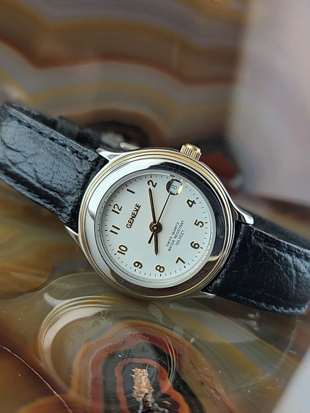 GENEVE Swiss 18K Gold Plated Stainless Steel Watch Leather Band Date